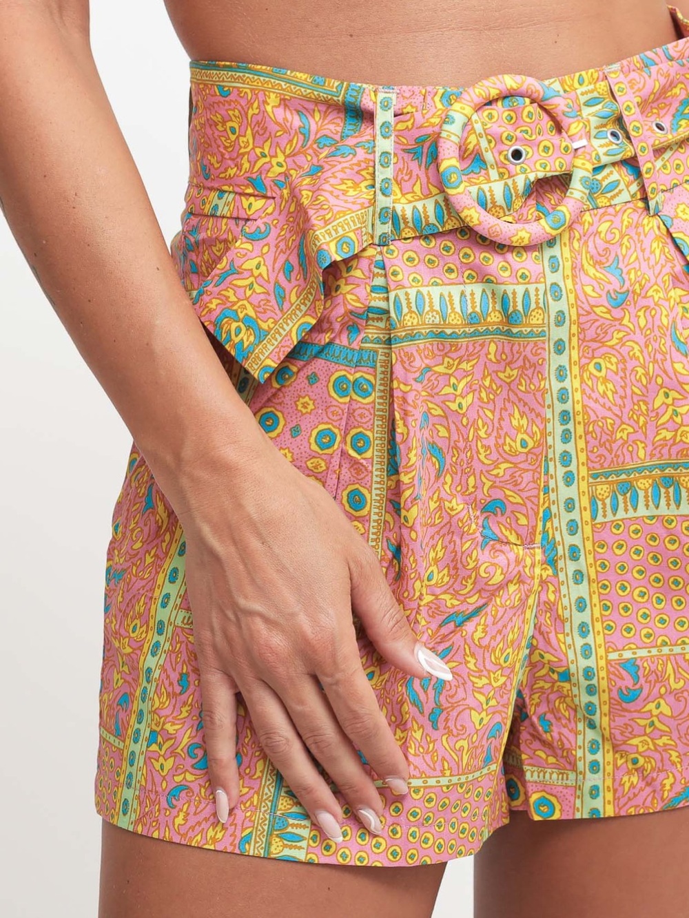 Glamorous Pink Paisley High-Waist Belted Shorts
